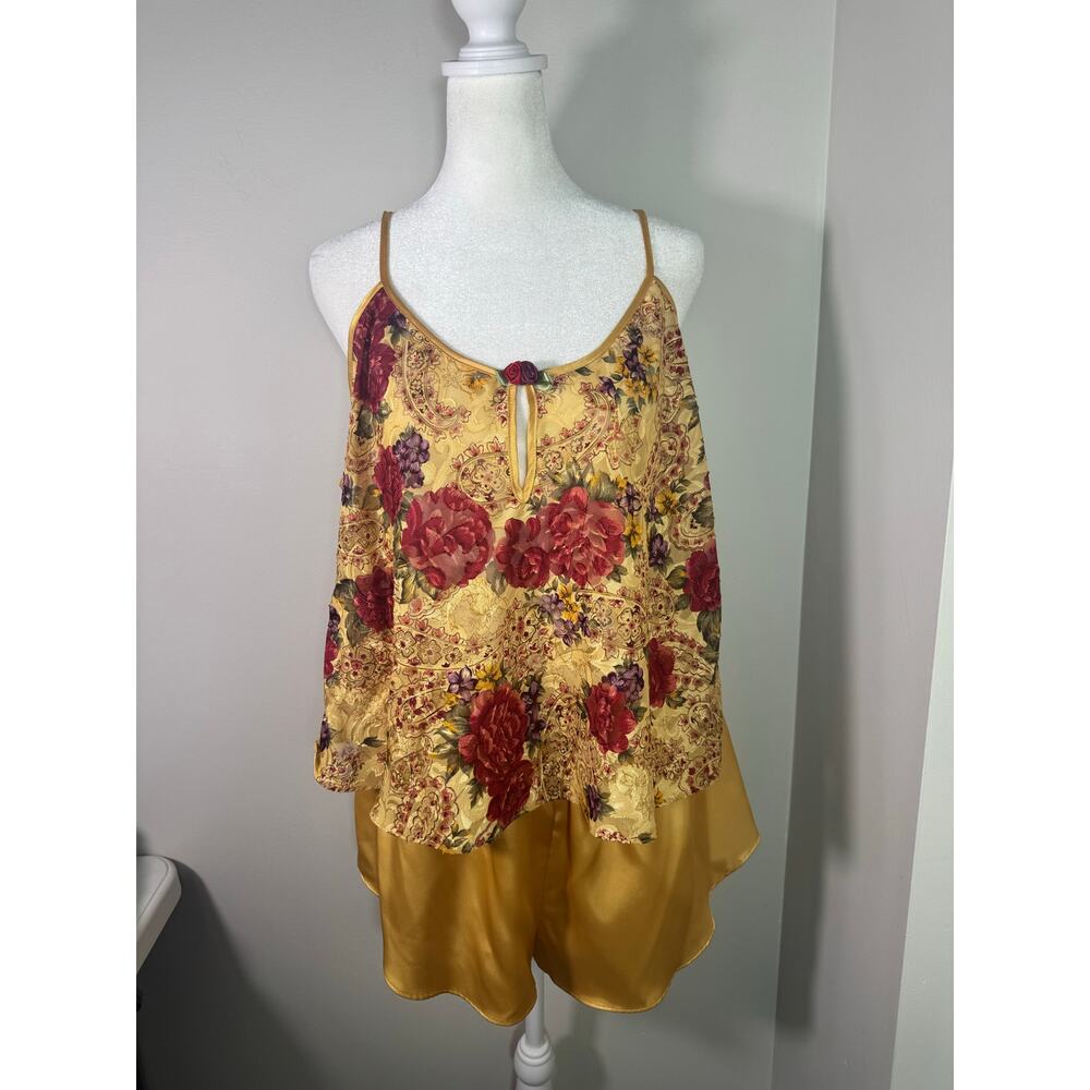 Vintage Inner Most Floral Yellow Red Pajama Lingerie Set Large